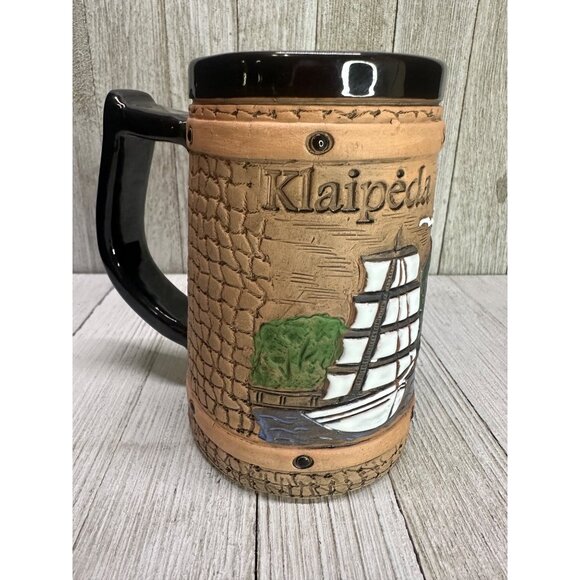 Vtg Klaipeda Lietuva Beer Mug Stein Ceramic Sailboat Lithuania Souvenir 5" Tall - Picture 1 of 11